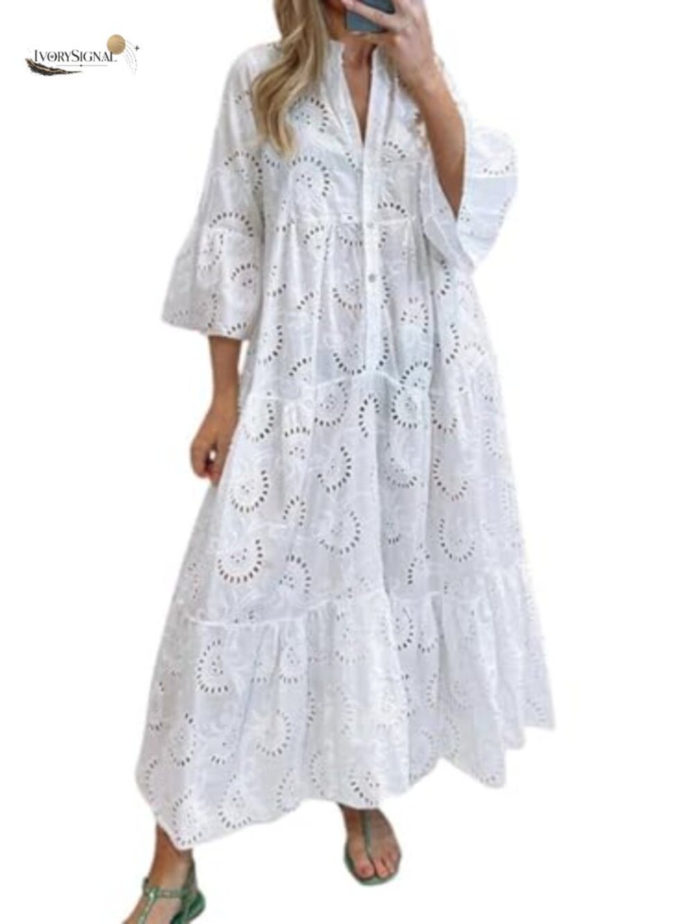 Lace Eyelet Embroidery Maxi Dress V-Neck Flare Sleeve Boho Flowy A-Line